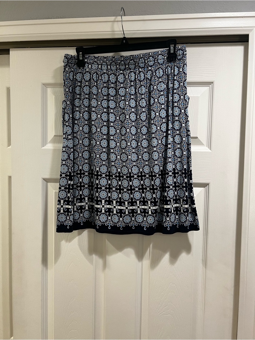 Max Studio A-Line Navy Blue and White Medallion Print Skirt with Drawstring Wais - Picture 2 of 5